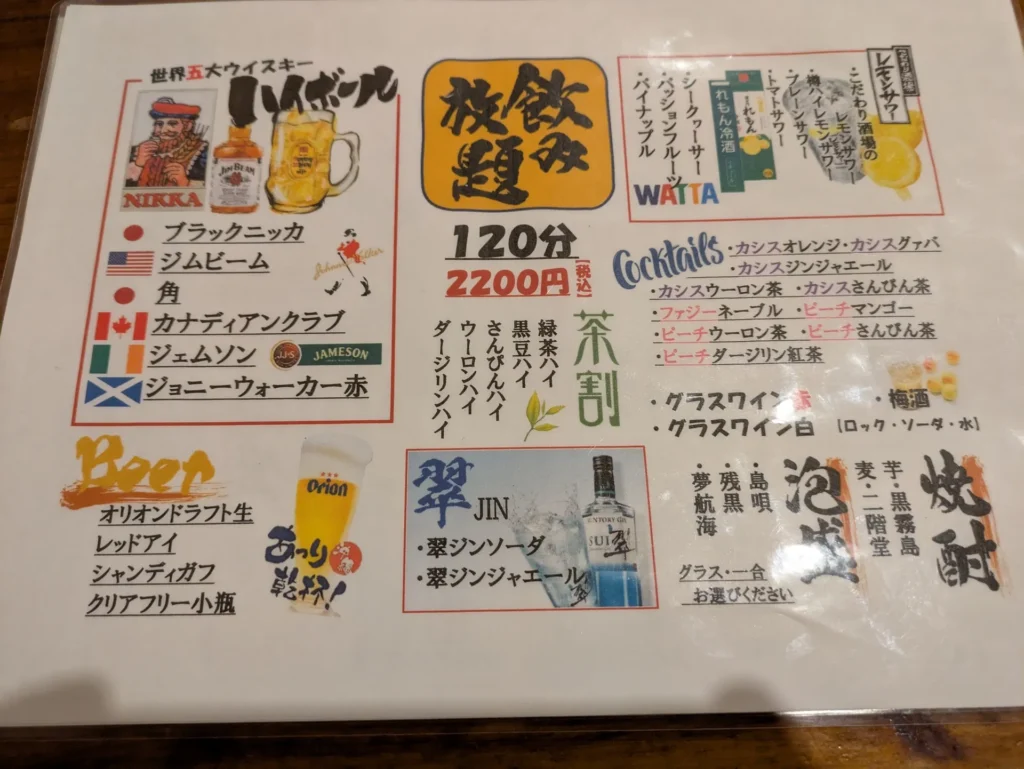 ハイボールと串巻きと鳥ことり 飲み放題メニュー2200円
